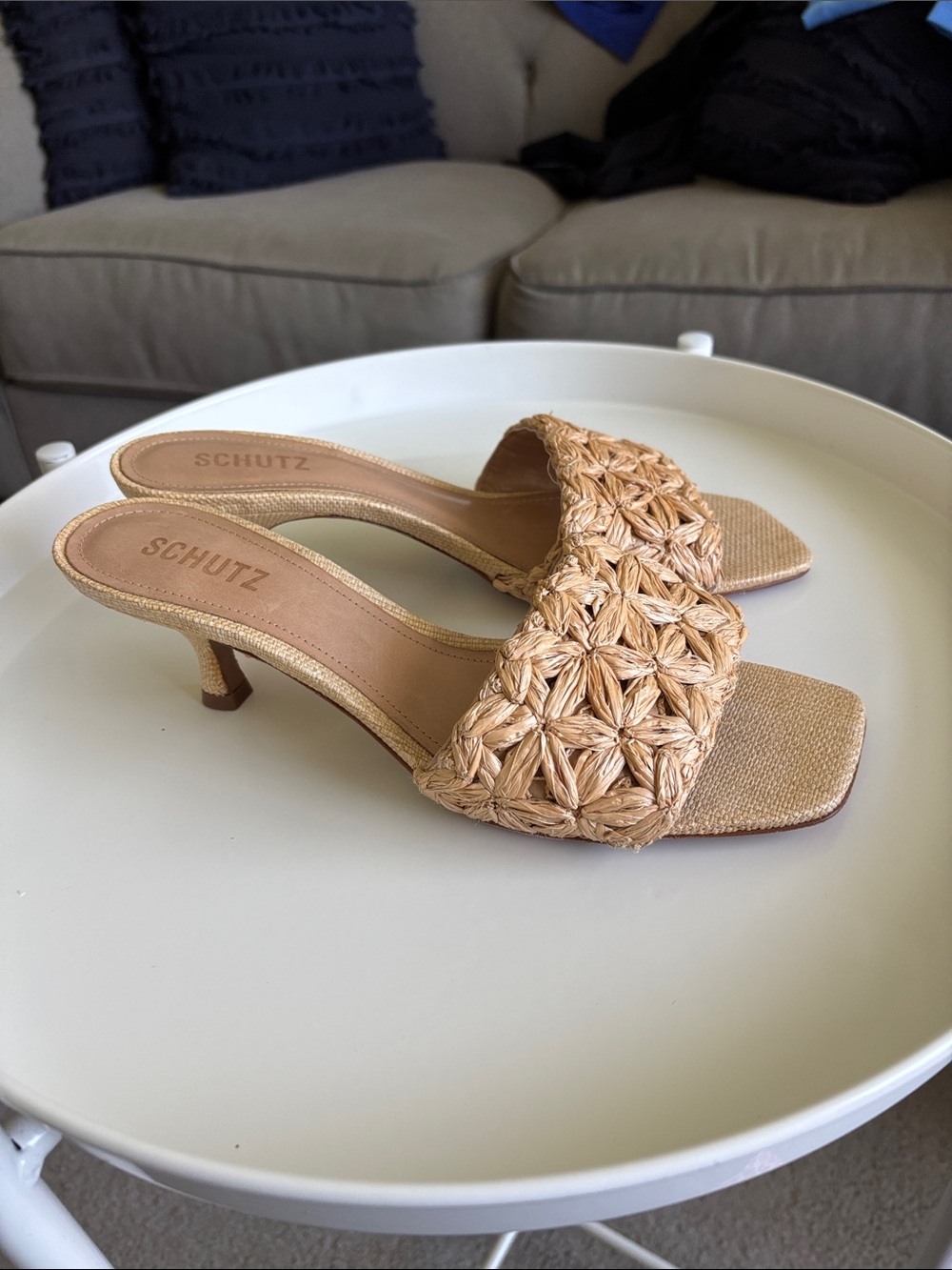 SCHUTZ Woven Tan Kitten Heel Slide Sandals